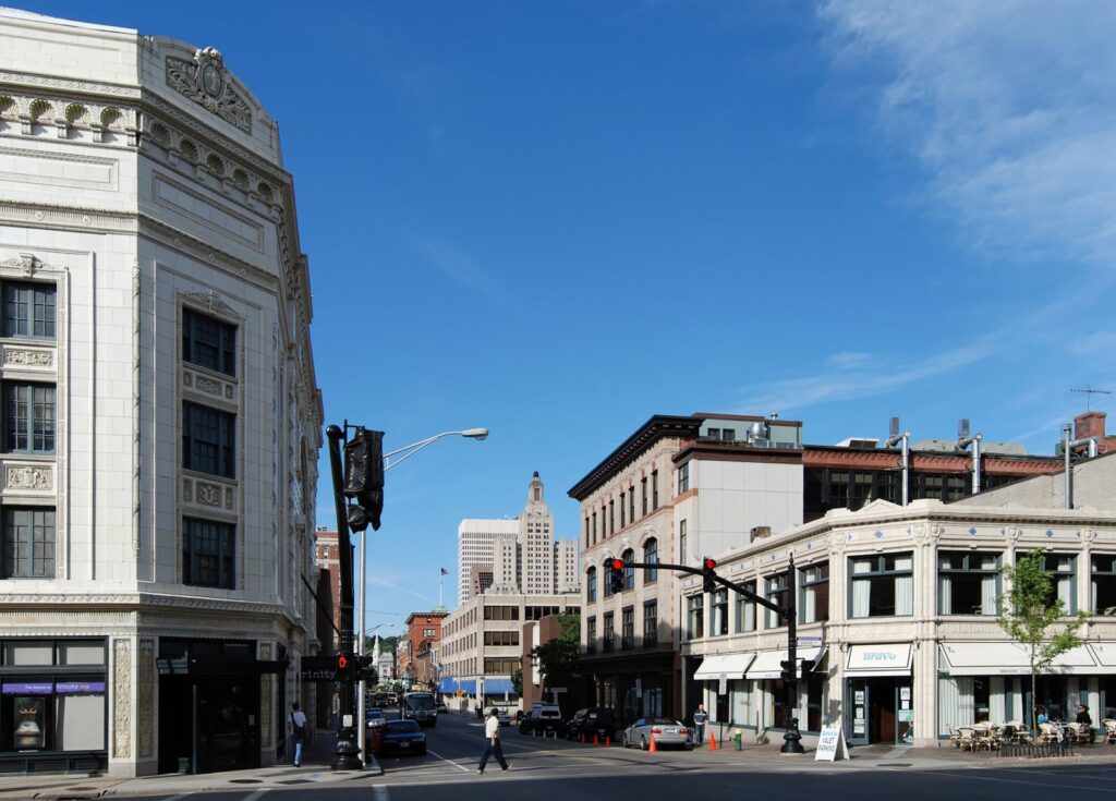 Downtown street corner with historic buildings